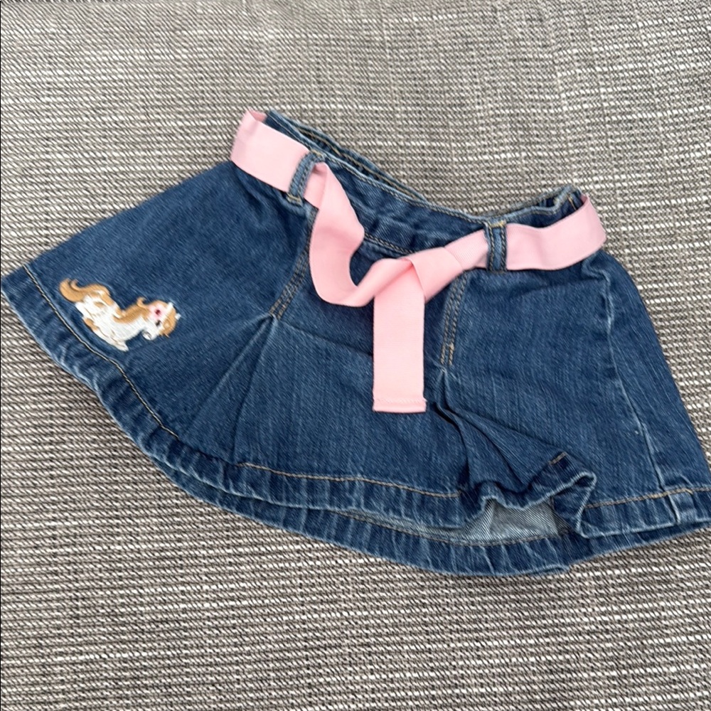 Crazy 8 Blue Denim Skirt with Pink Belt and Pony Embroidery